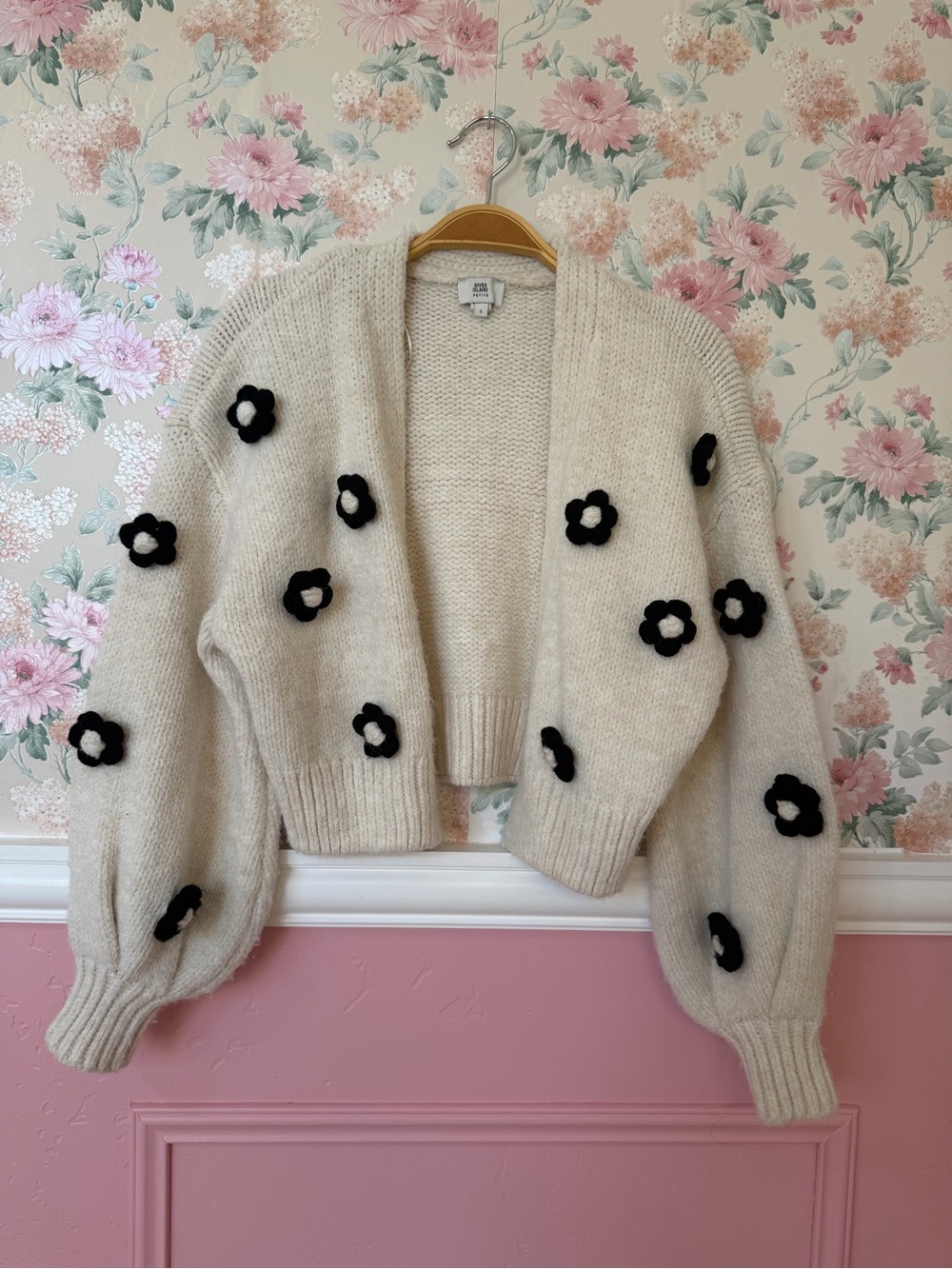 River Island Cream Cropped Cardigan with Black Floral Appliqués